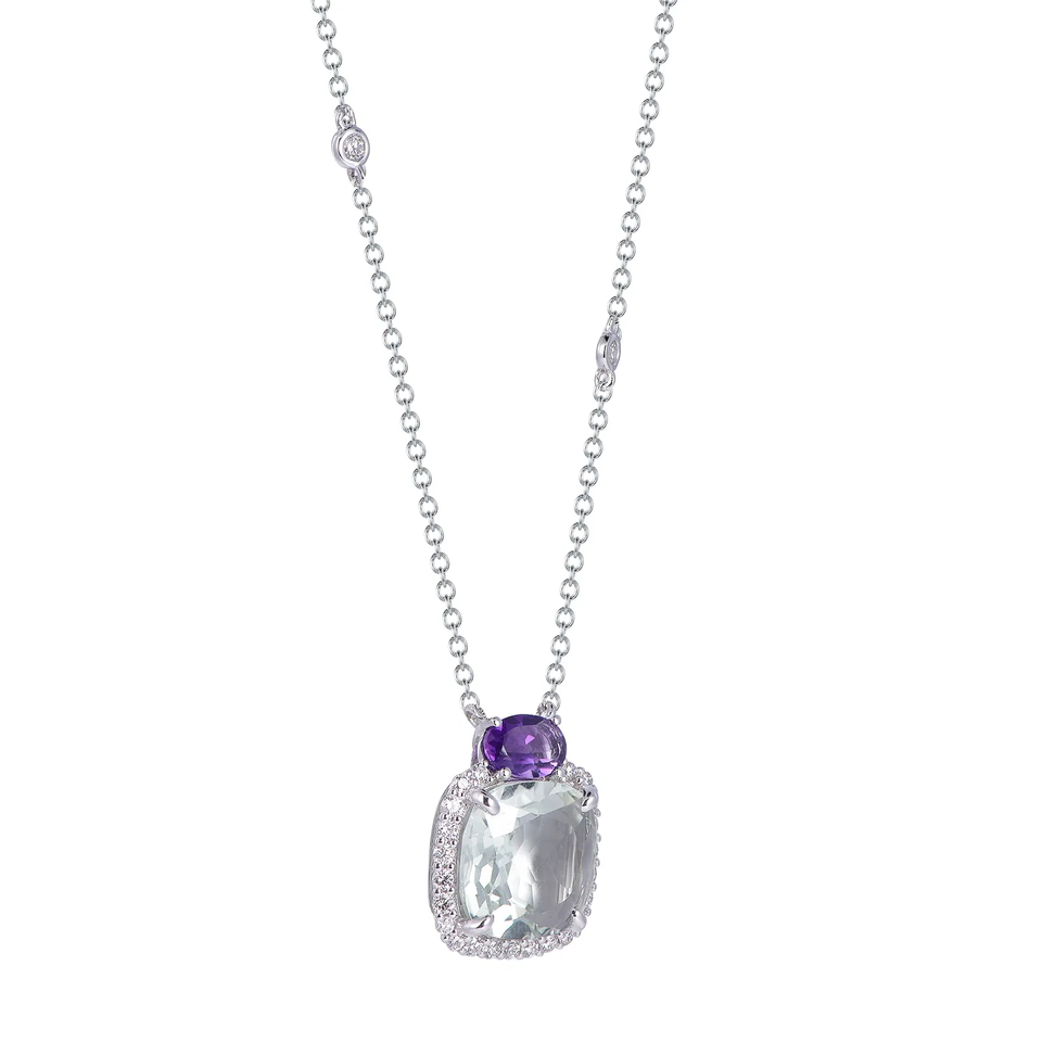 18K White Gold Cushion Cut Green Amethyst with 1/4 ct.tw. Diamond Necklace