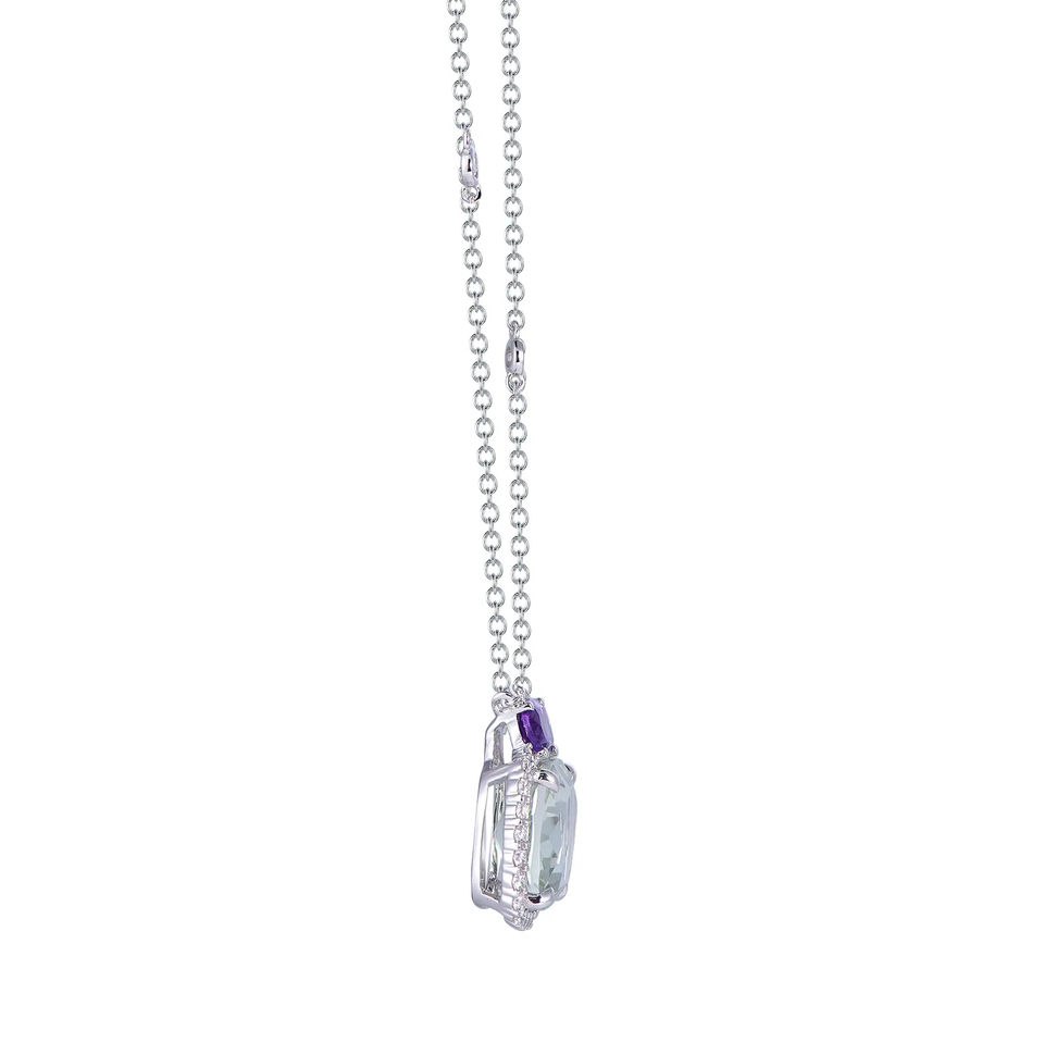 18K White Gold Cushion Cut Green Amethyst with 1/4 ct.tw. Diamond Necklace