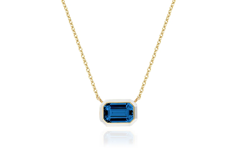 London Blue Topaz Emerald Cut East-West Pendant with White Enamel