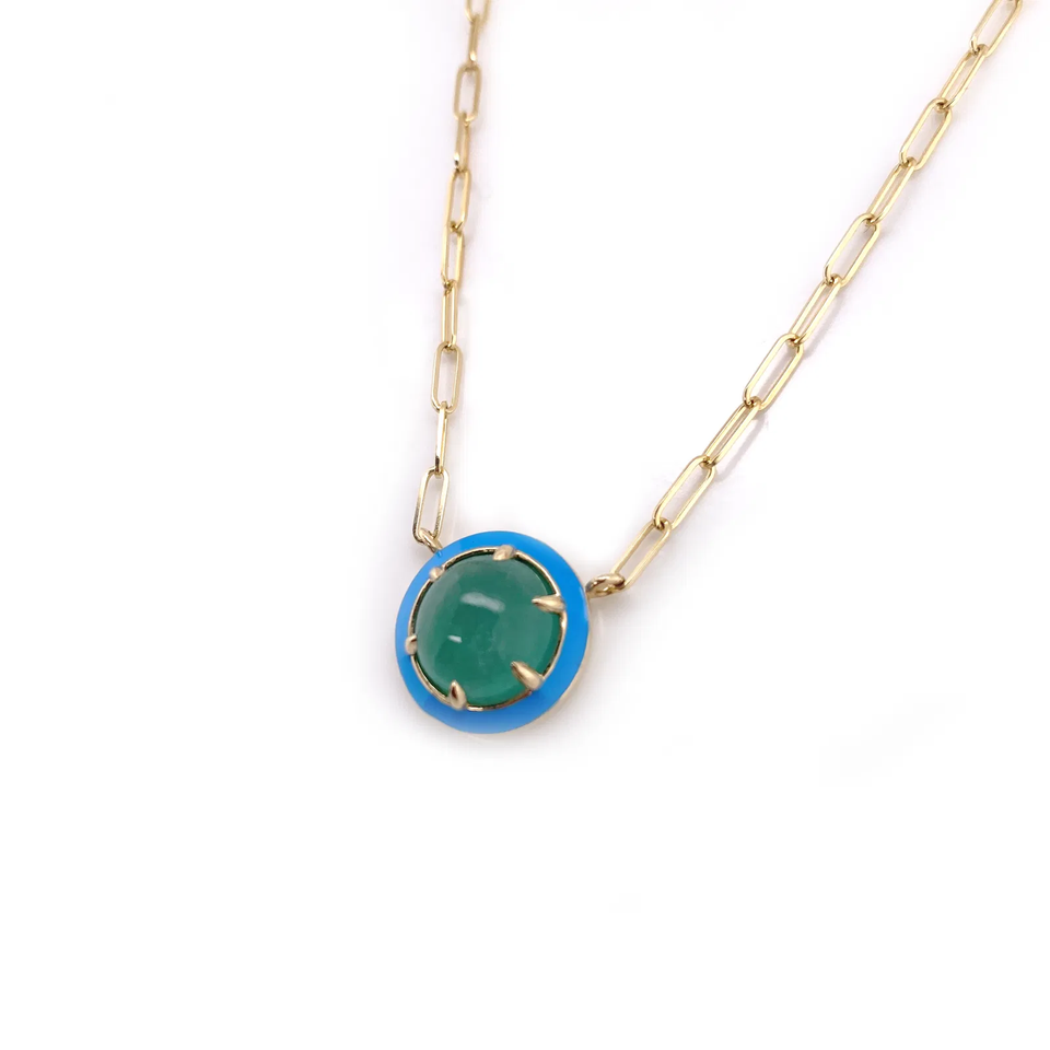 Emerald Cabochon Pendant With Turquoise Enamel