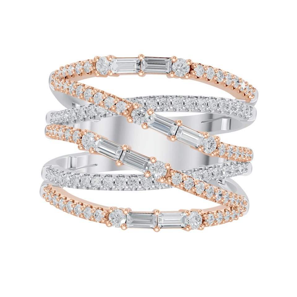 Lab Grown 0.99 Ct Baguette & Round Diamond Cross Over Ring