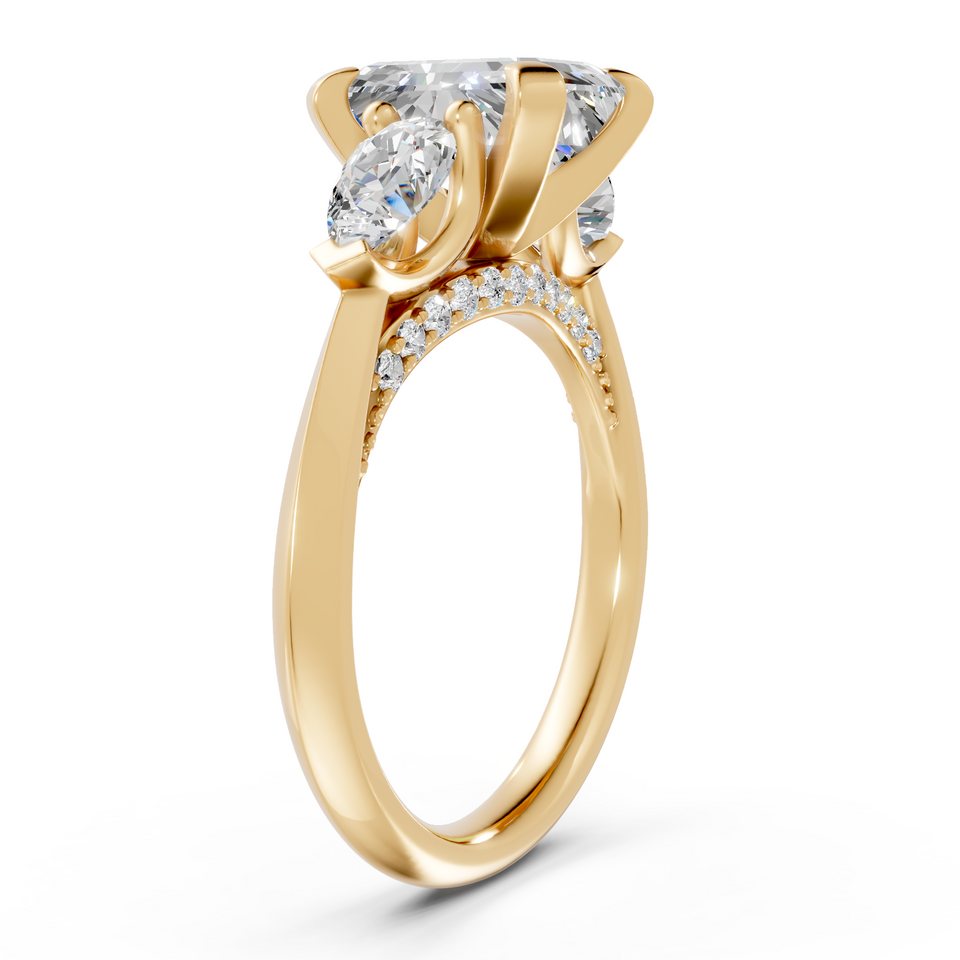 3-Stone Engagement Ring with Pear Side Stones and Pavé Bridge in 14K Gold (2.98 cttw)