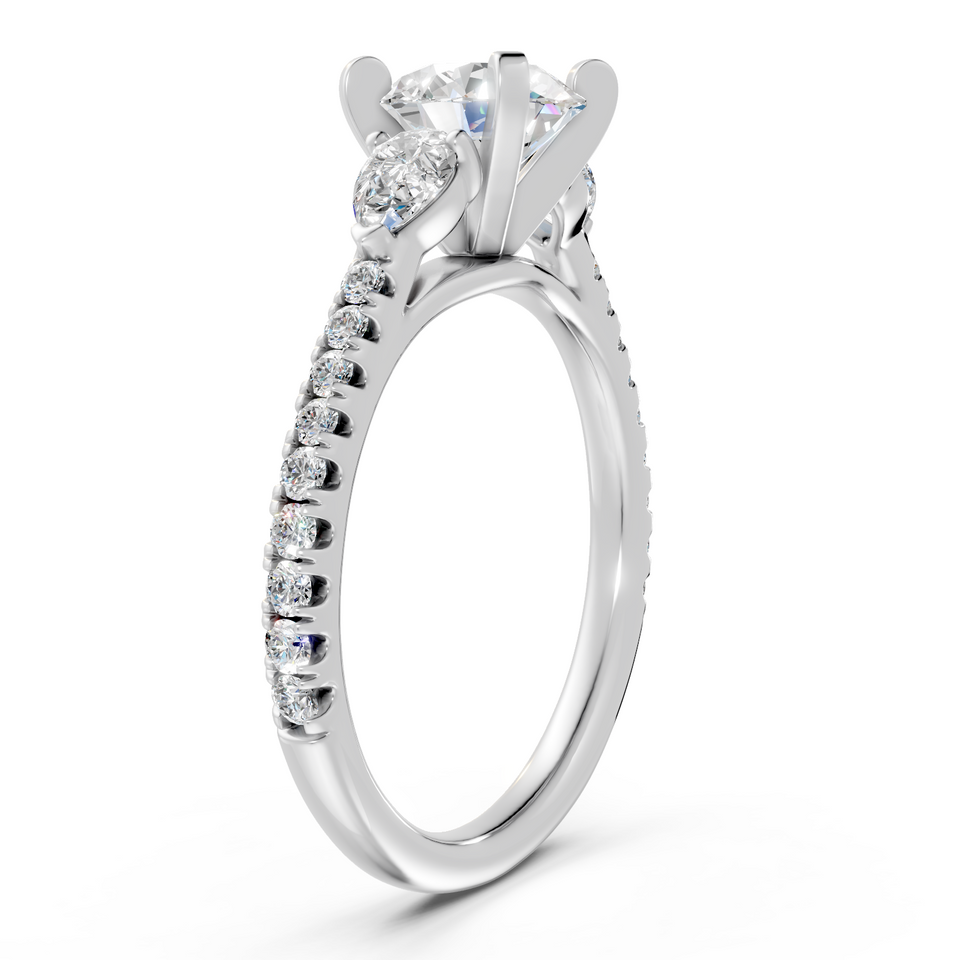 Three-Stone Pear Accent Round Diamond Engagement Ring (1.50 cttw)