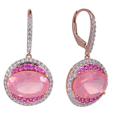 Rose Quartz Oval Cut Earrings with Diamonds(0.77 ct.tw)
