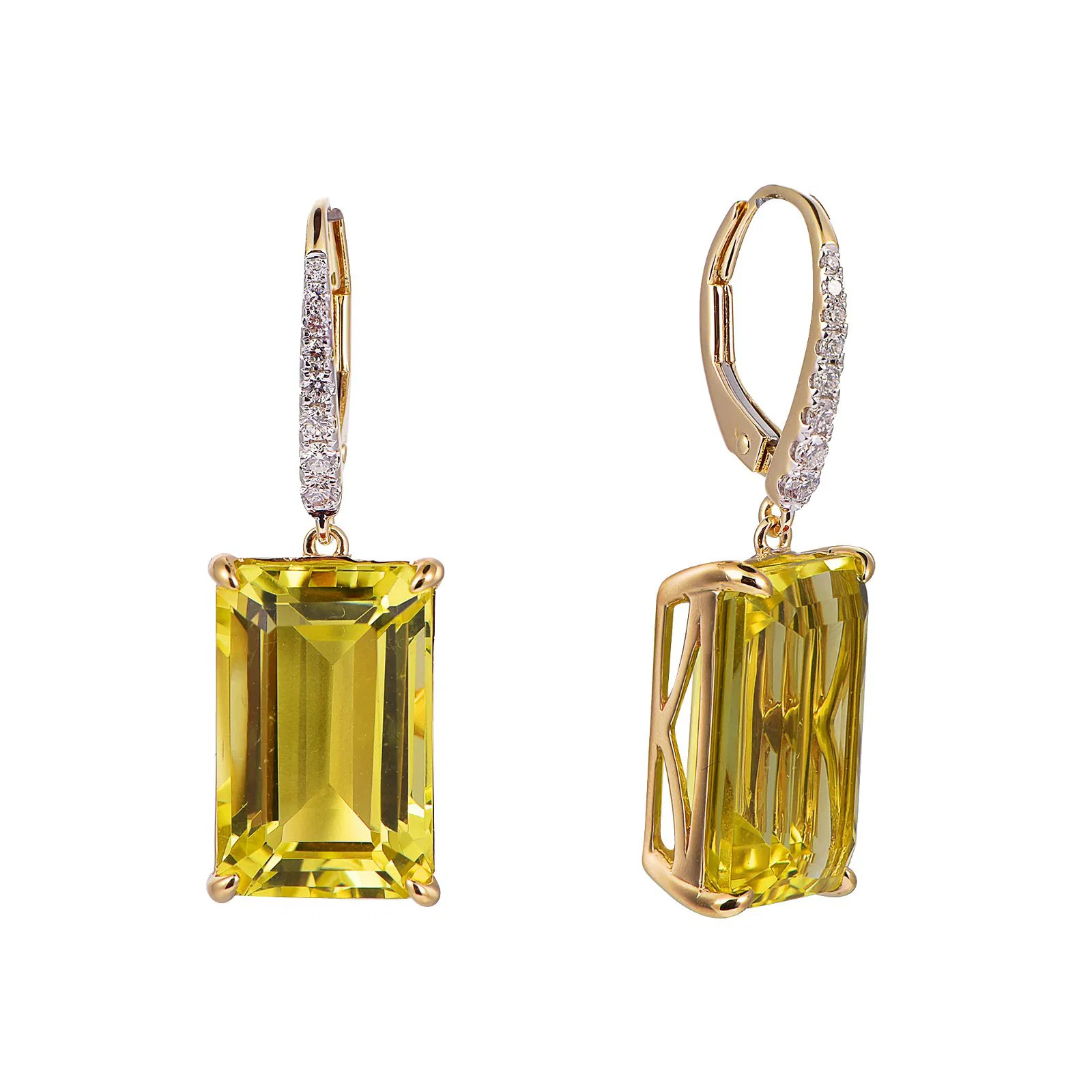 Lemon Quartz Octagon Cut Earrings with Diamonds(0.19 ct.tw)