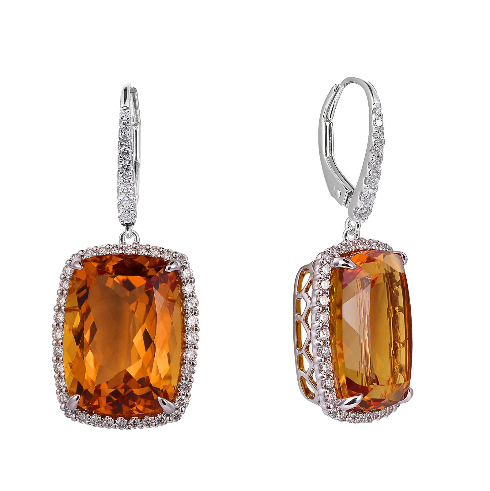 Madeira Citrine Cushion Cut Earrings with Diamonds(0.55 ct.tw)
