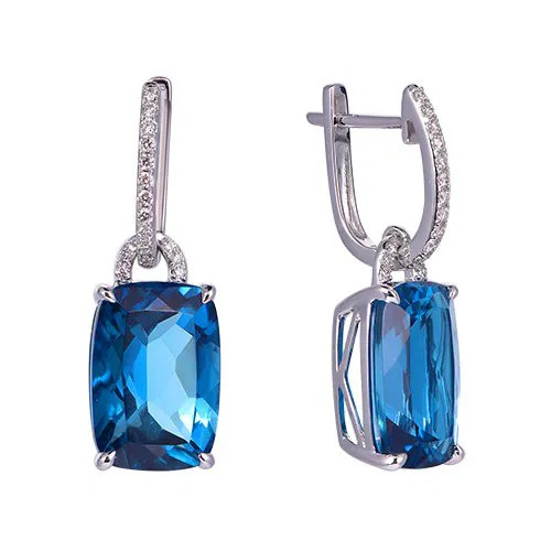 London Blue Topaz Cushion Cut Earrings with Diamonds(0.16 ct.tw)