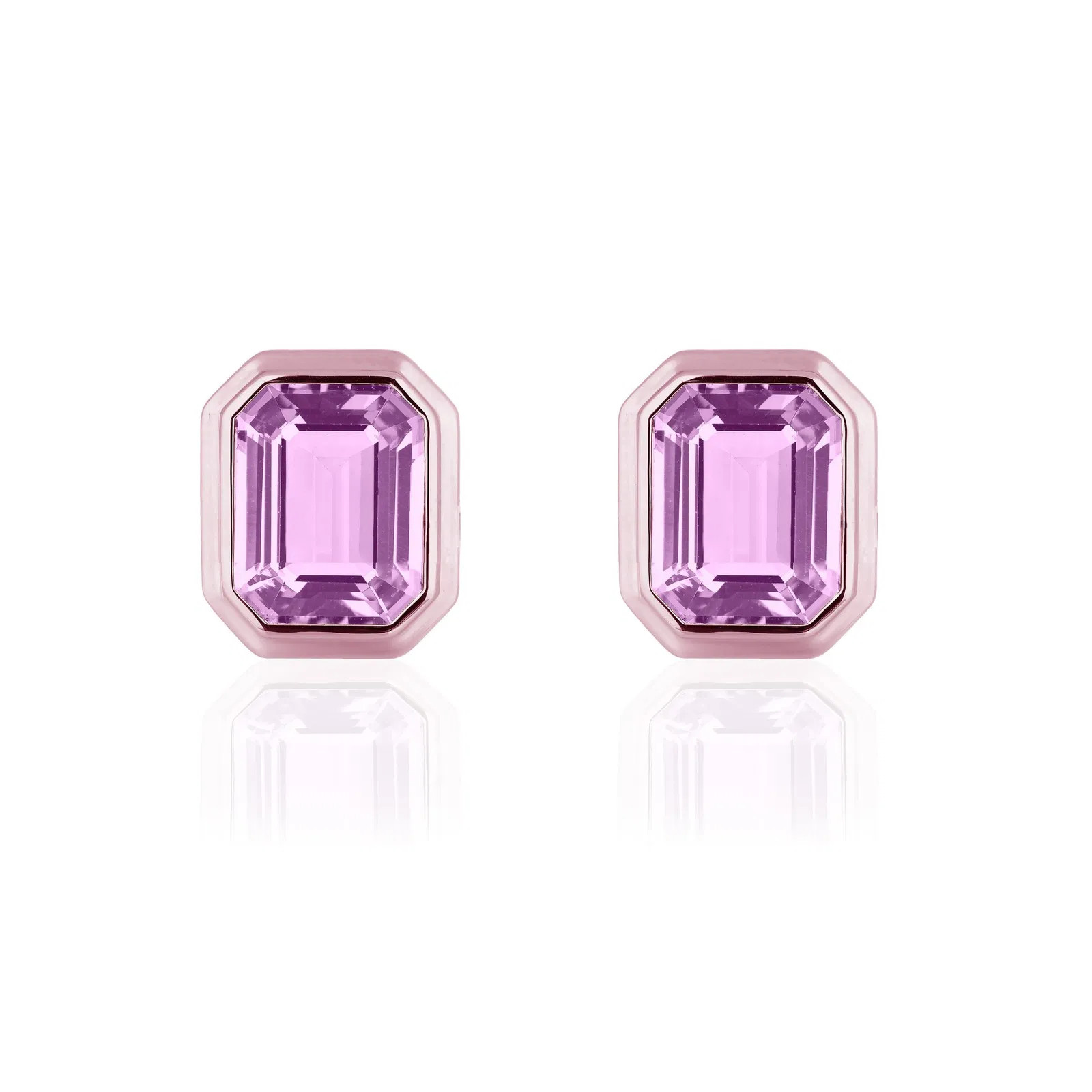 Lavender Amethyst Emerald Cut Bezel Set Stud Earrings