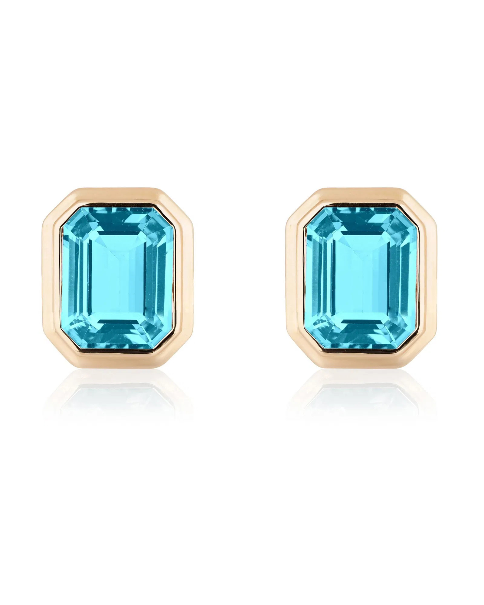 Blue Topaz Emerald Cut Bezel Set Stud Earrings