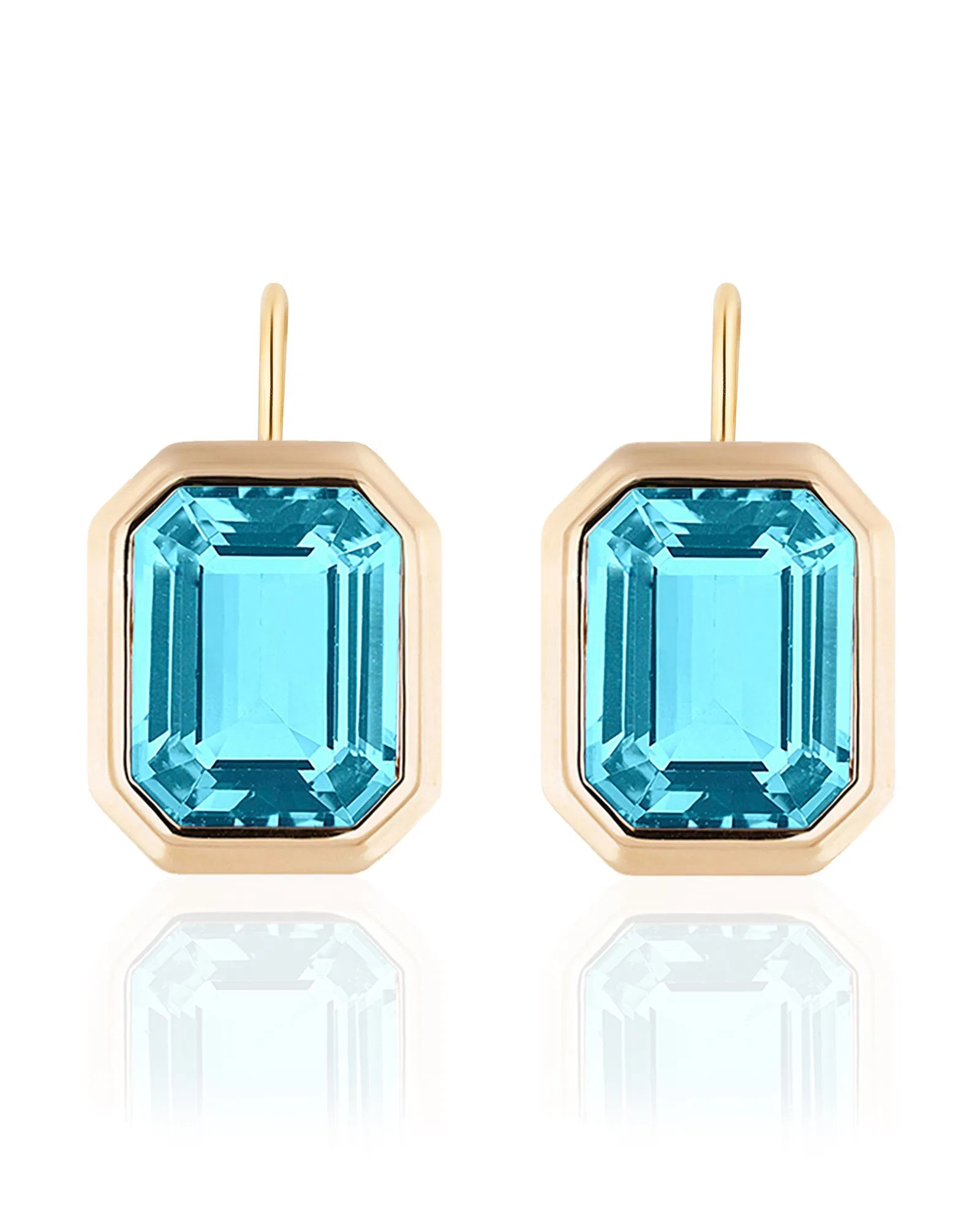 Blue Topaz Emerald Cut Bezel Set Earrings