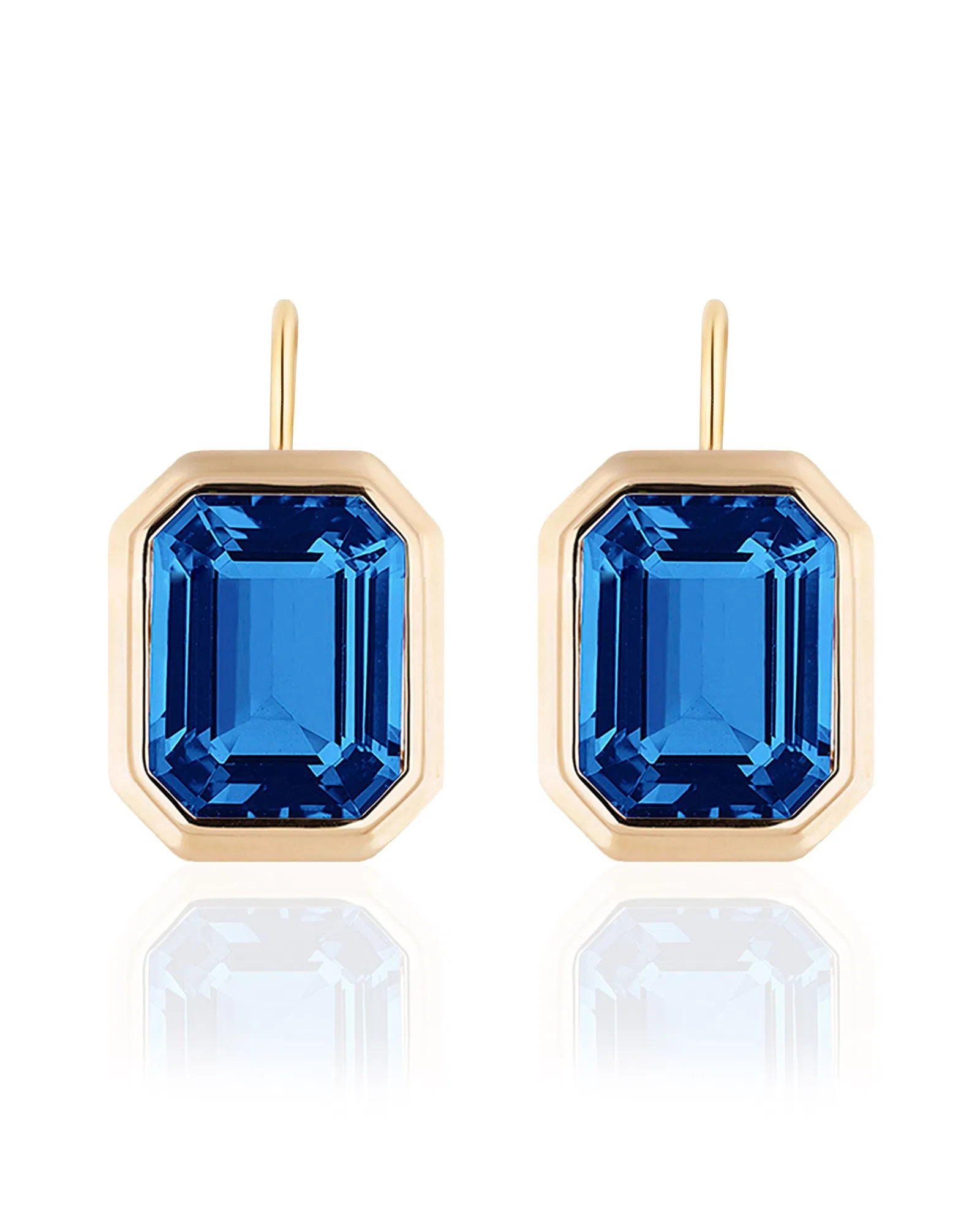 London Blue Topaz Emerald Cut Bezel Set Earrings