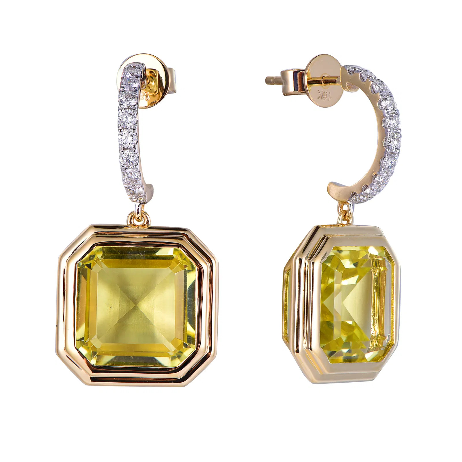 18K Yellow Gold Octagon Cut Lemon Quartz with 1/3 ct.tw. Diamond Earrings