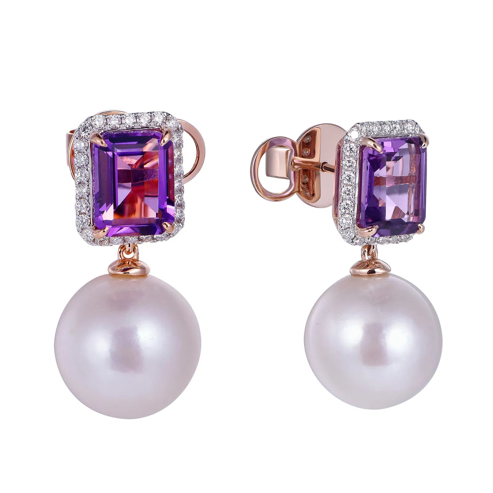 18K Rose Gold Octagon Cut Amethyst & Pearl with 3/8 ct.tw. Diamond Earrings