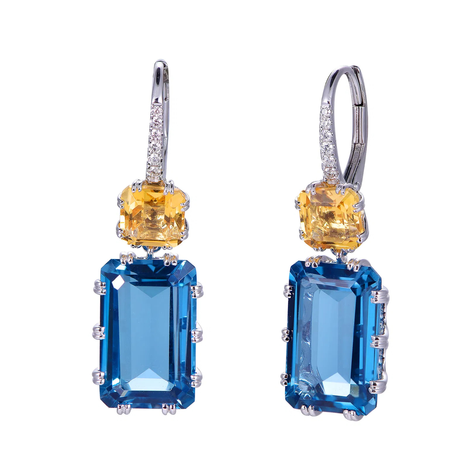 18K White Gold Octagon Cut London Blue Topaz & Citrine Accent with 1/15 ct.tw. Diamond Earrings
