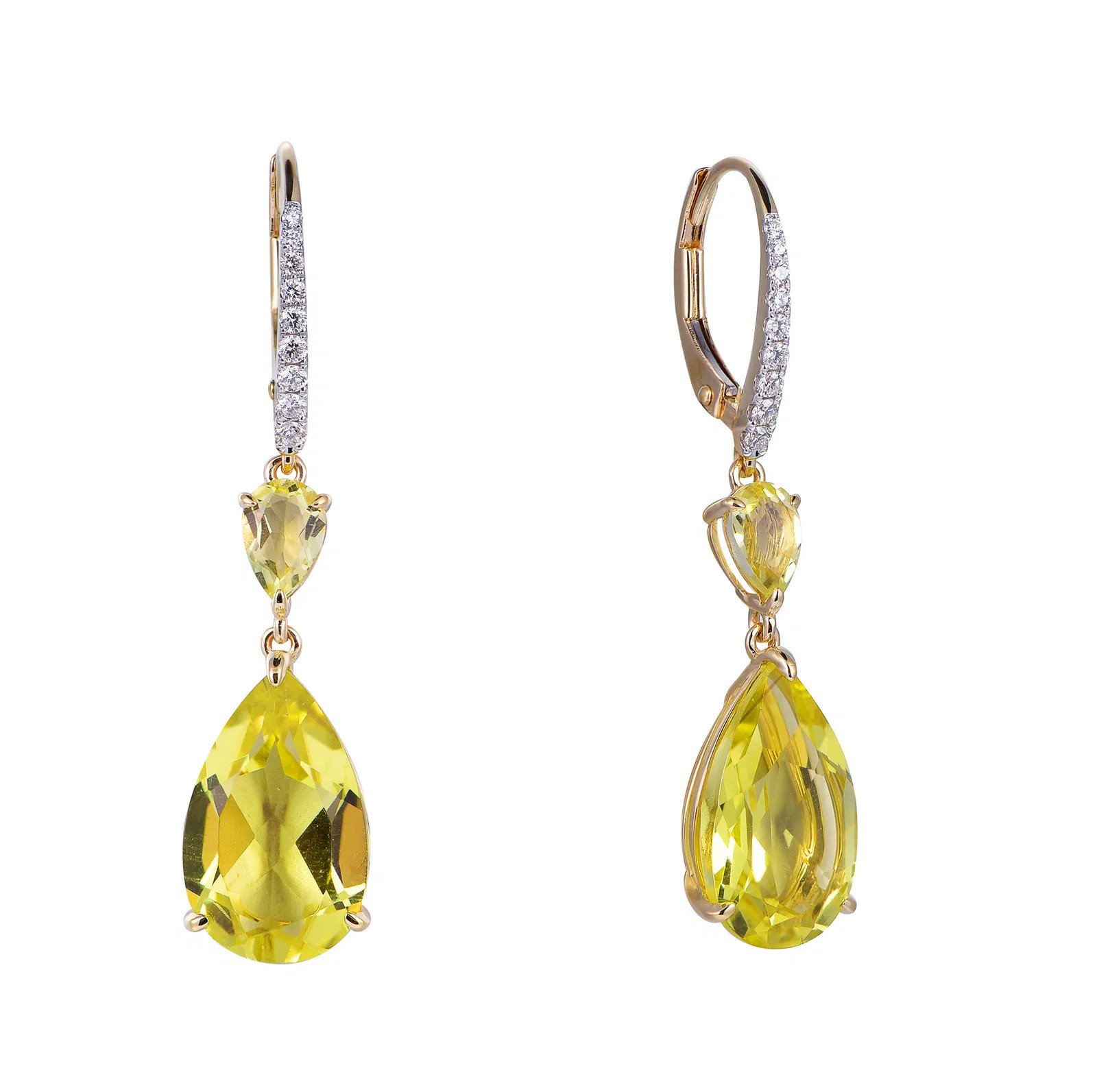 18K Yellow Gold Pear Cut Lemon Quartz with 1/6 ct.tw. Diamond Earrings