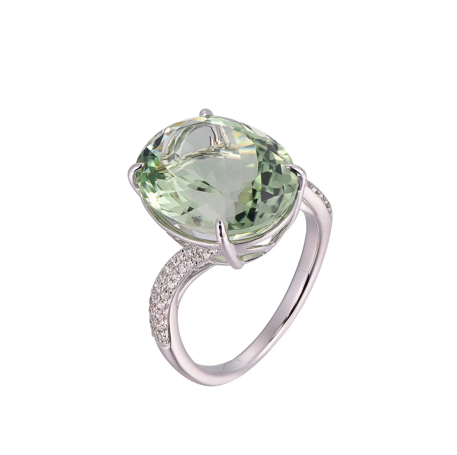 Green Amethyst Oval Cut Ring with Diamonds(0.18 ct.tw)
