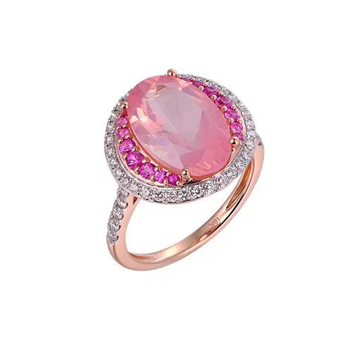Rose Quartz Oval Cut Ring with Diamonds(0.46 ct.tw)