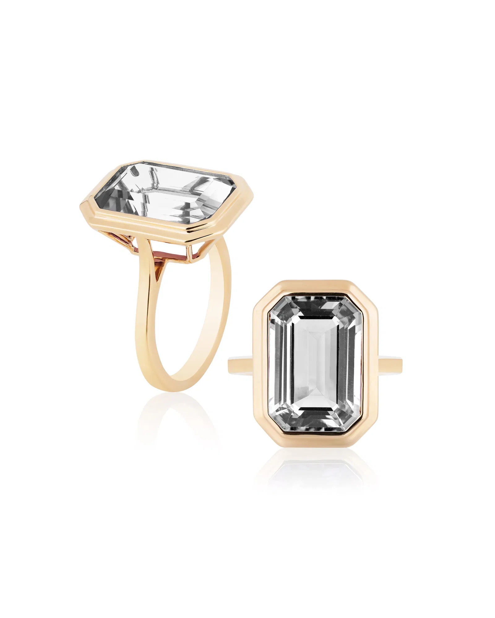 Rock Crystal Emerald Cut Bezel Set Plain Gold Ring (7.00 cts)