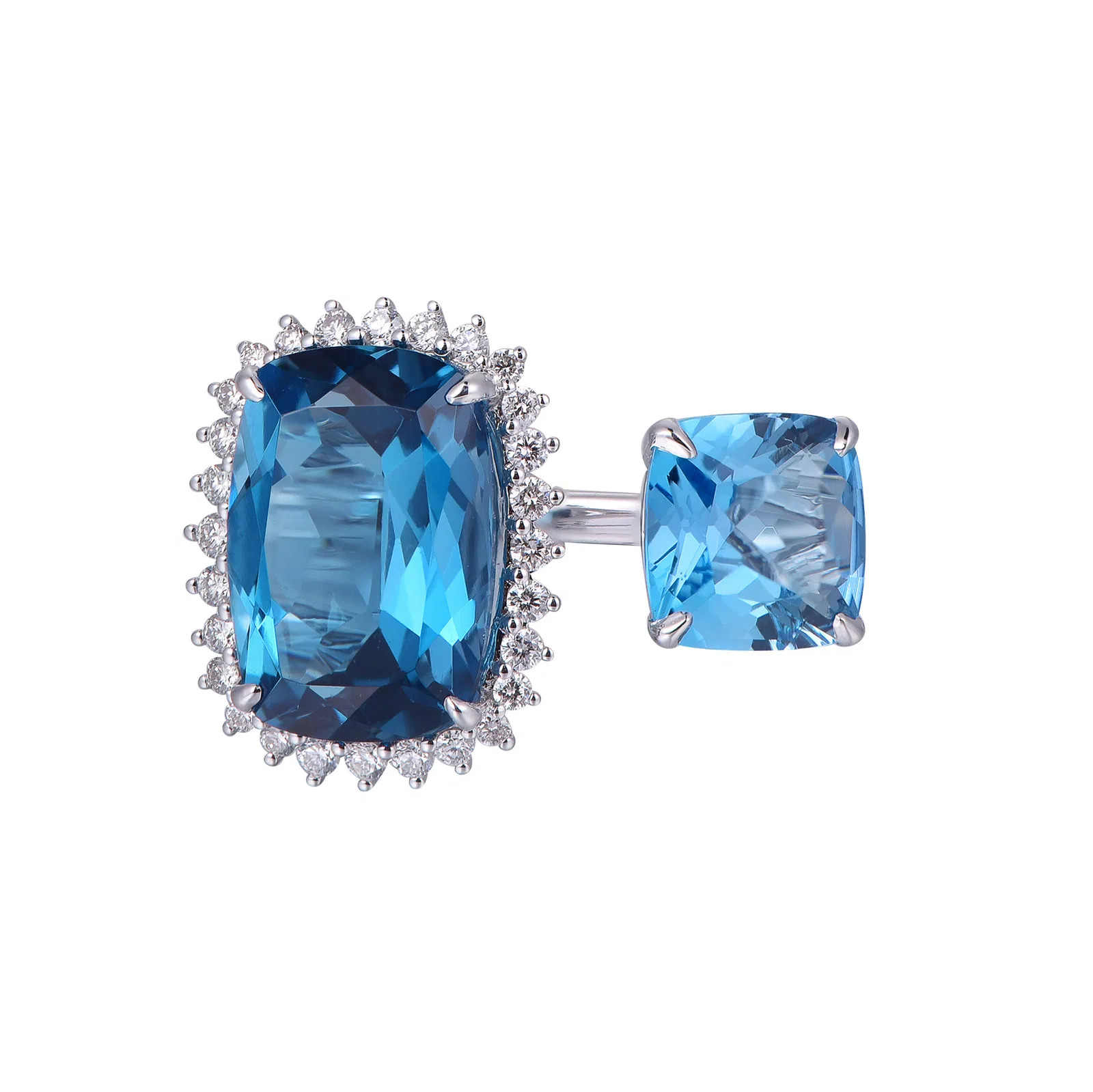 18K White Gold Cushion Cut London Blue Topaz with 1/4 ct.tw. Diamond Ring