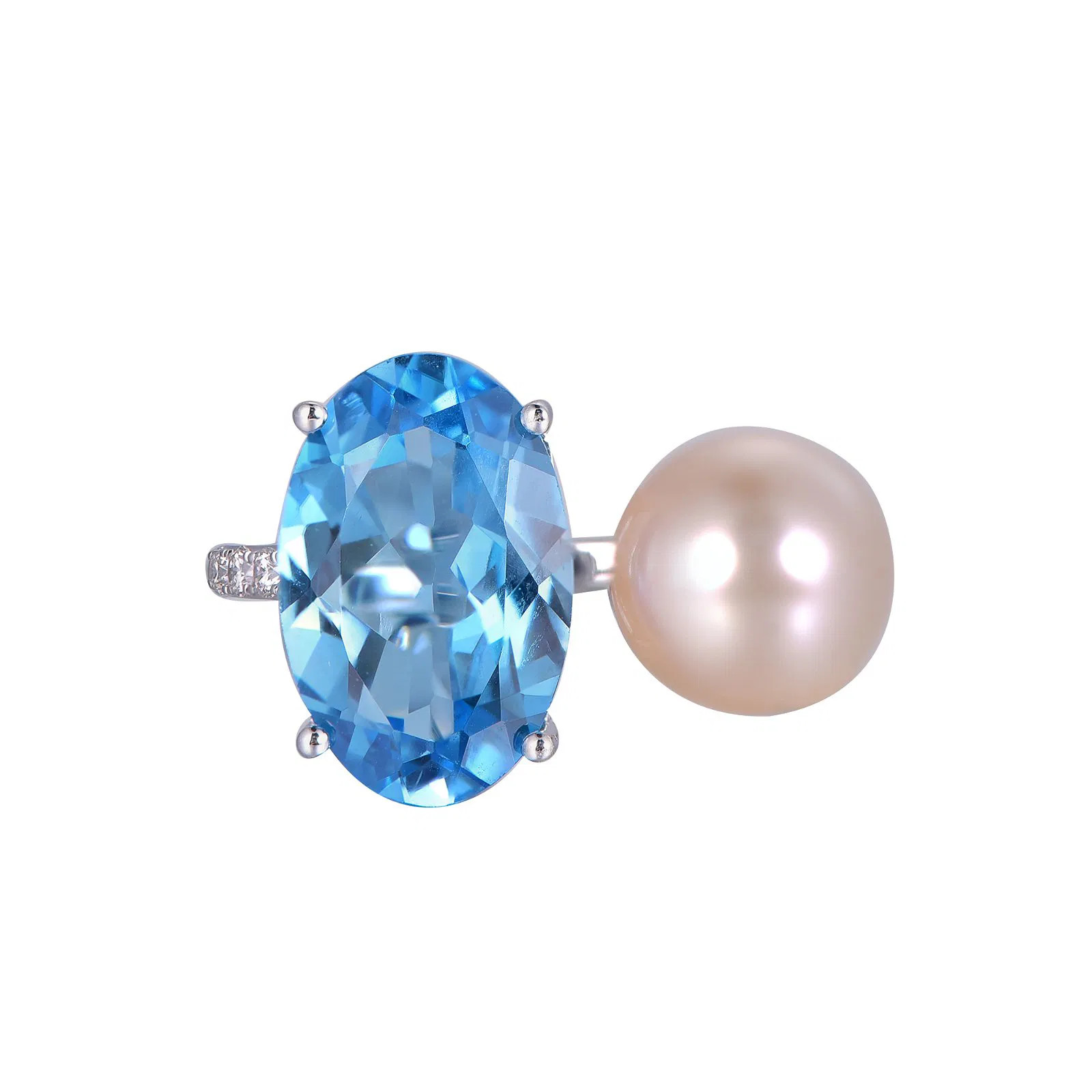 18K White Gold Oval Cut Swiss Blue Topaz and Pearls with 1/6 ct.tw. Diamond Ring