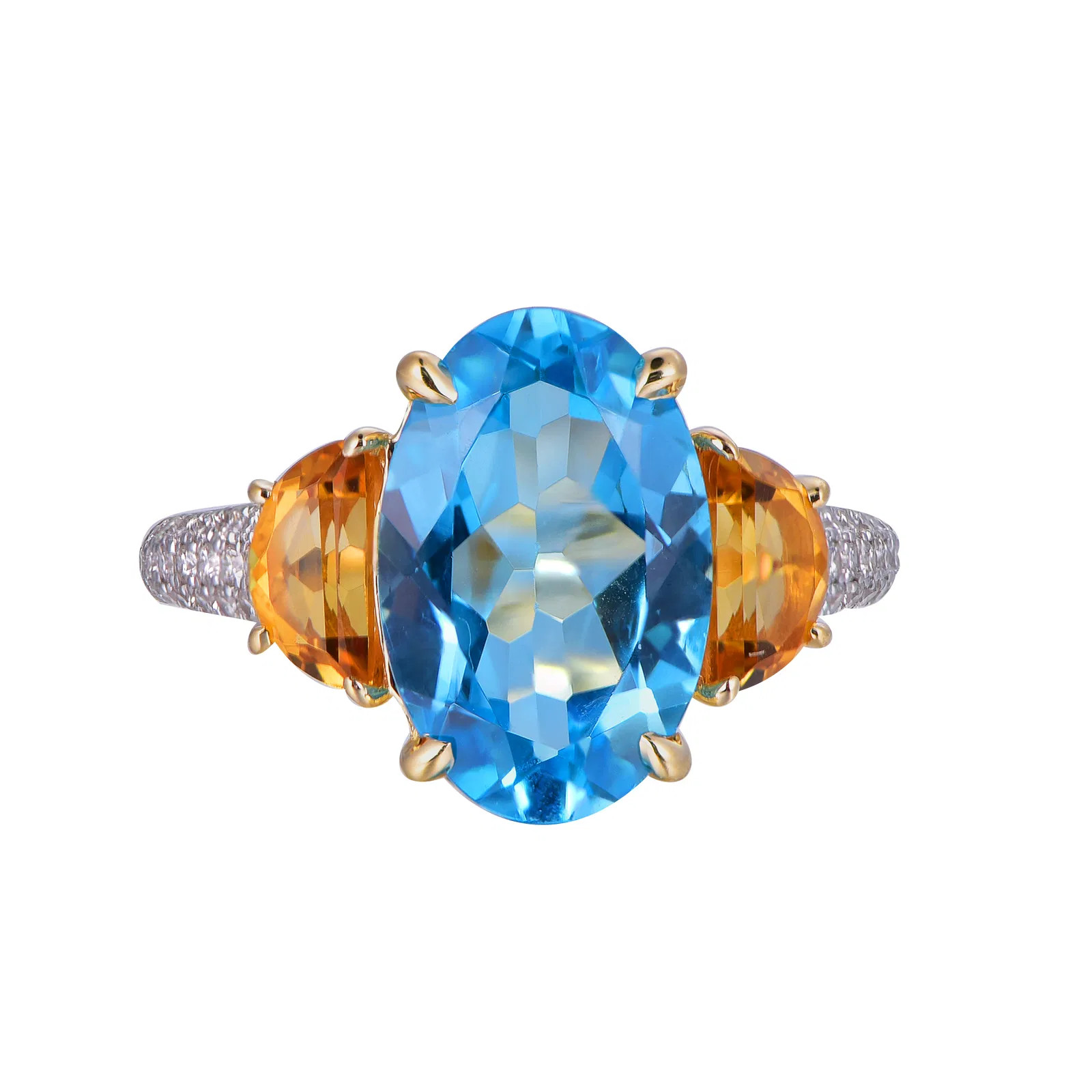 18K Yellow Gold Oval Swiss Blue Topaz and Citrine Accent with 1/4 ct.tw. Diamond Ring