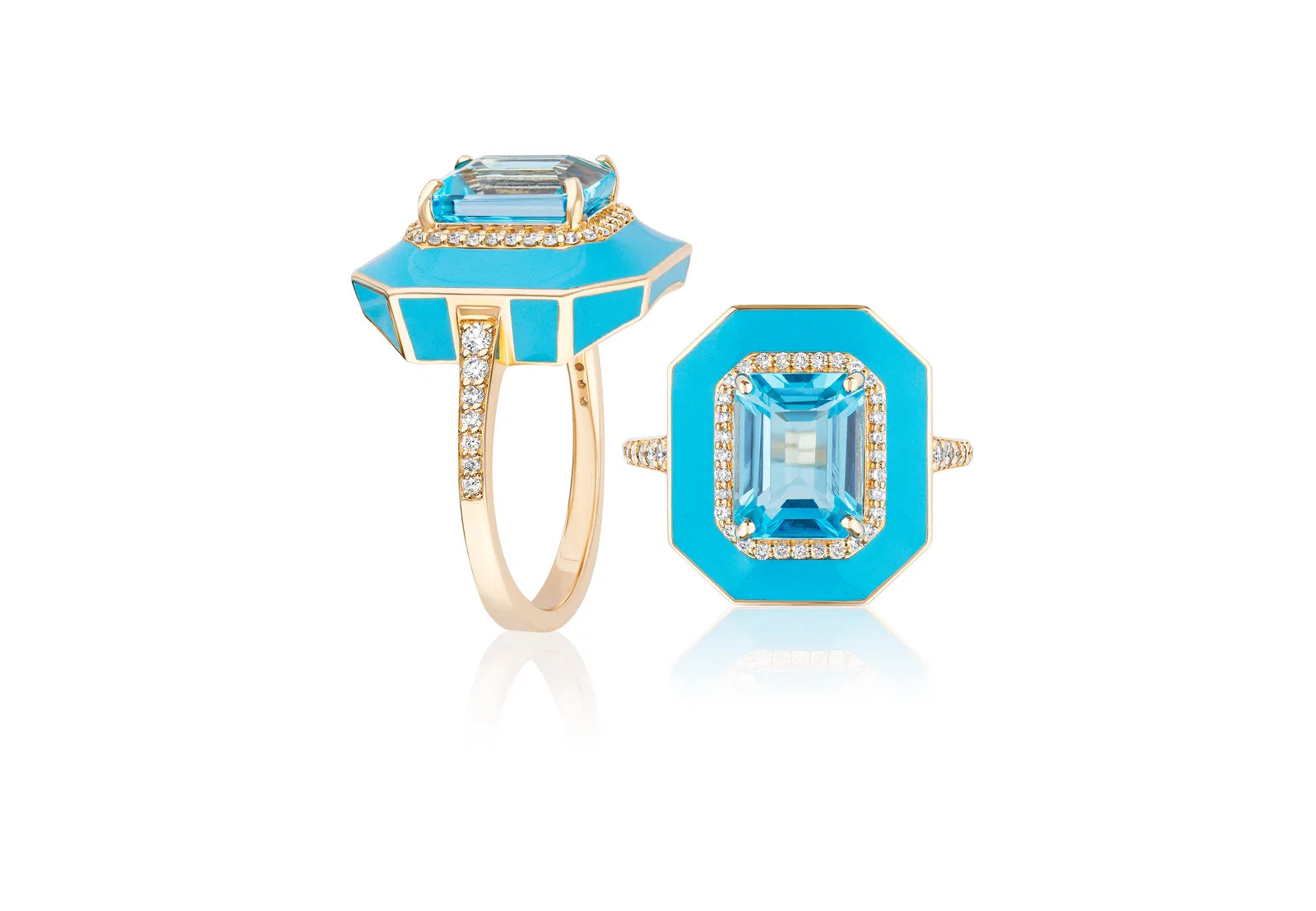 Blue Topaz Emerald Cut Ring with Turquoise Enamel and Diamonds (0.23 ct.tw.)