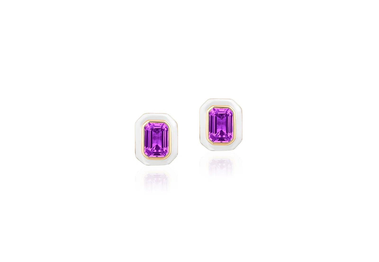 Amethyst Emerald Cut Stud Earrings With White Enamel