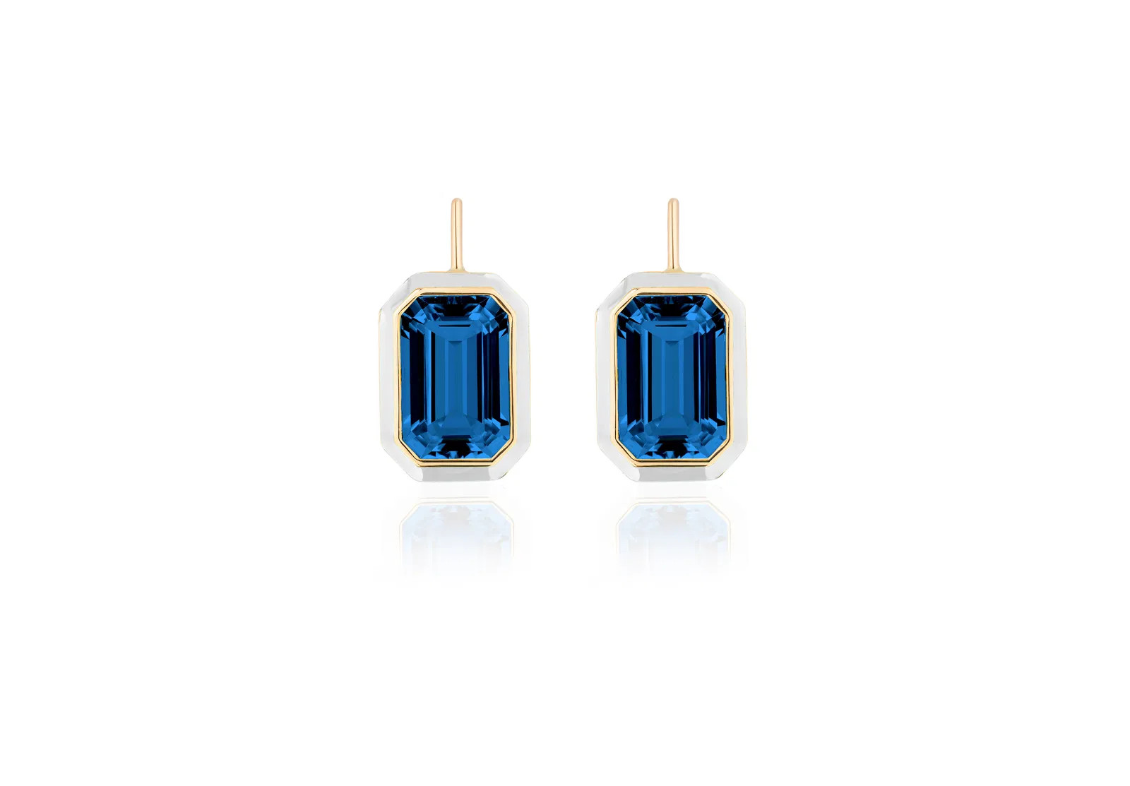 London BlueTopaz Emerald Cut Earring With White Enamel