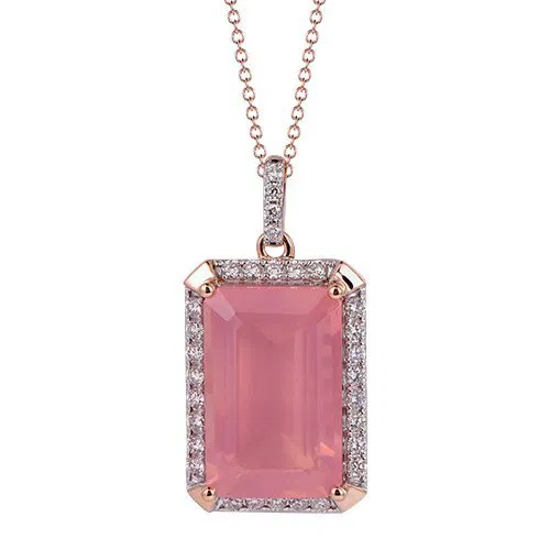 Rose Quartz Octagon Cut Pendant with Diamonds(0.03 ct.tw)