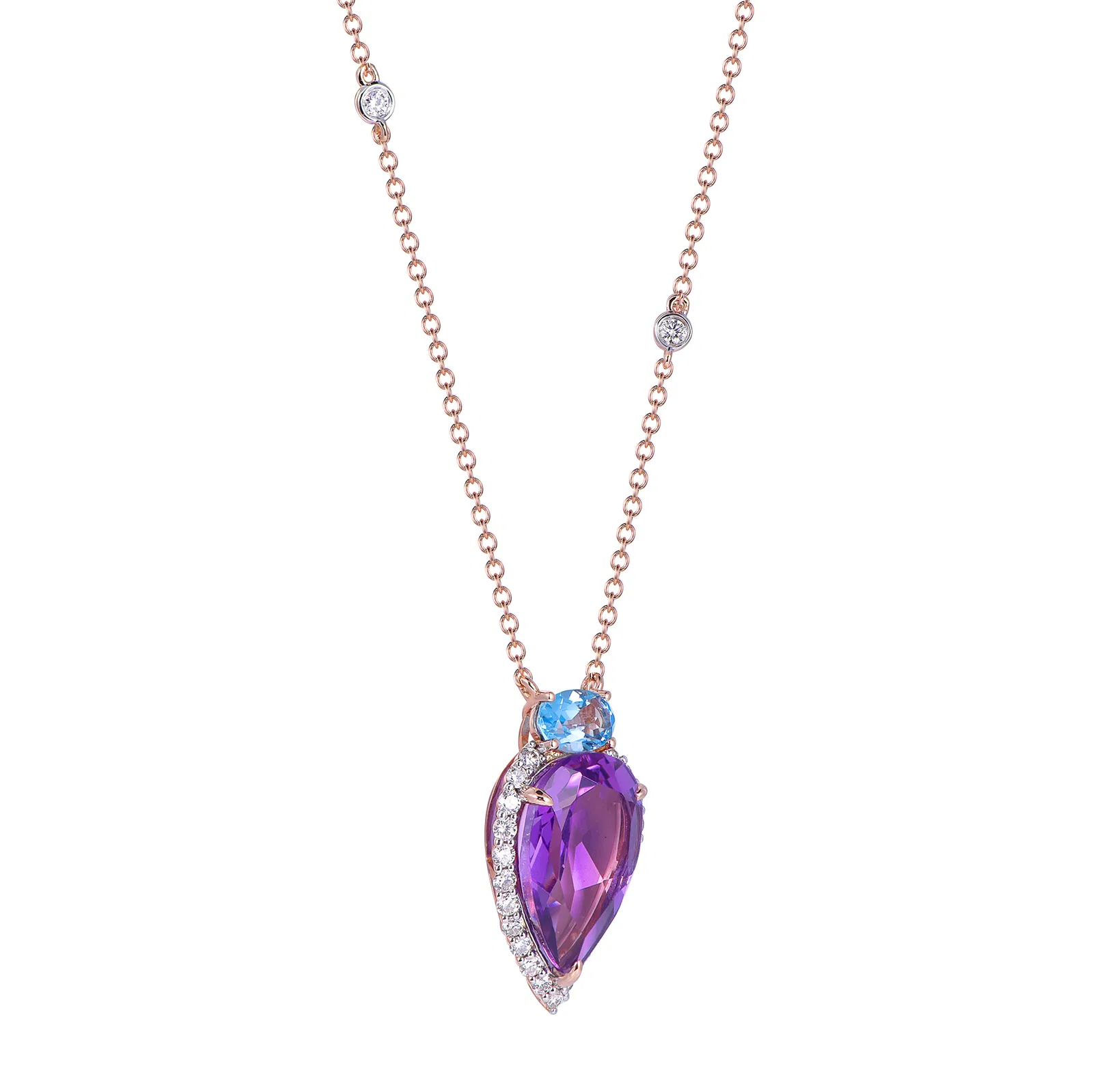 18K Rose Gold Pear Cut Amethyst and Swiss Blue Topaz Accent with 1/3 ct.tw. Diamond Necklace