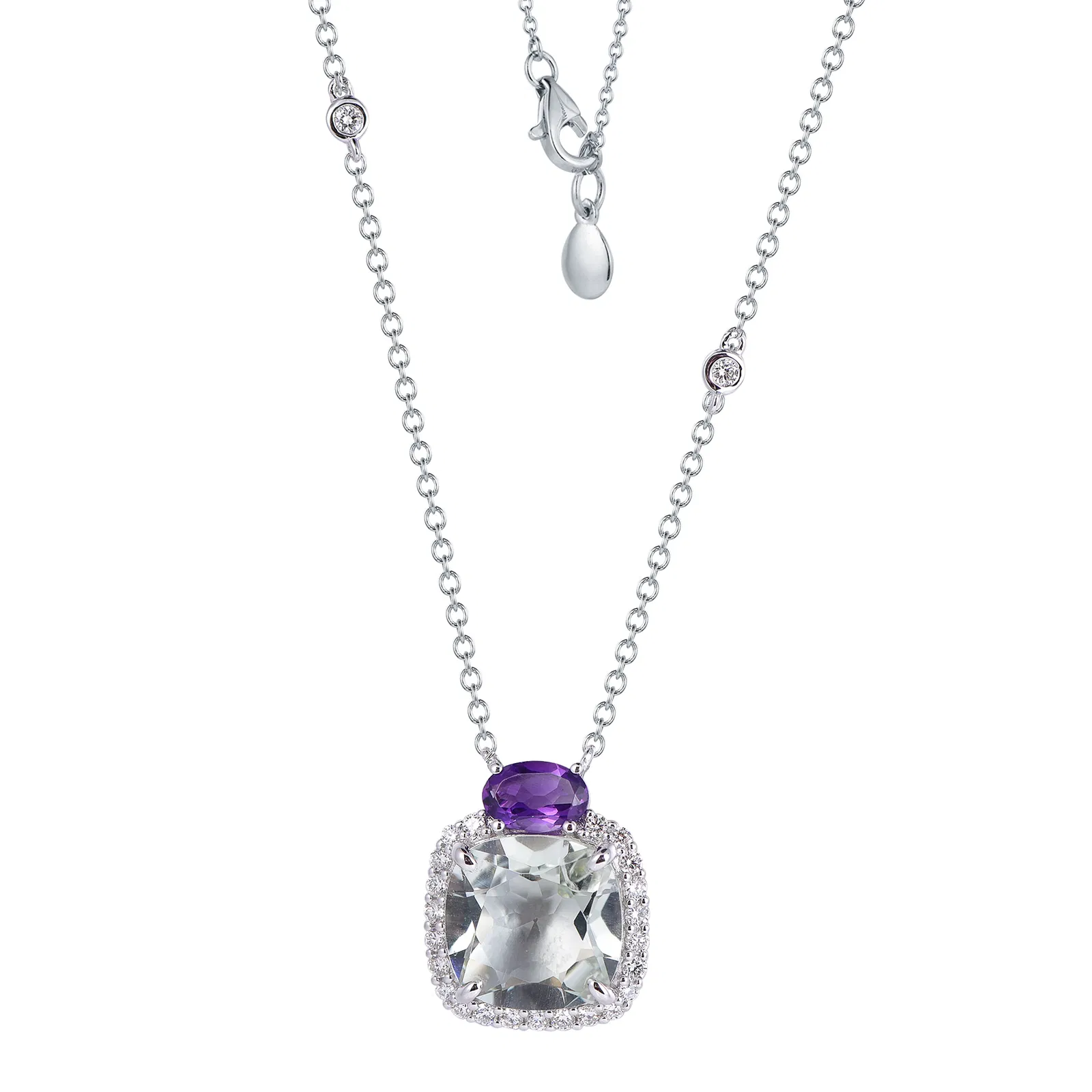 18K White Gold Cushion Cut Green Amethyst with 1/4 ct.tw. Diamond Necklace