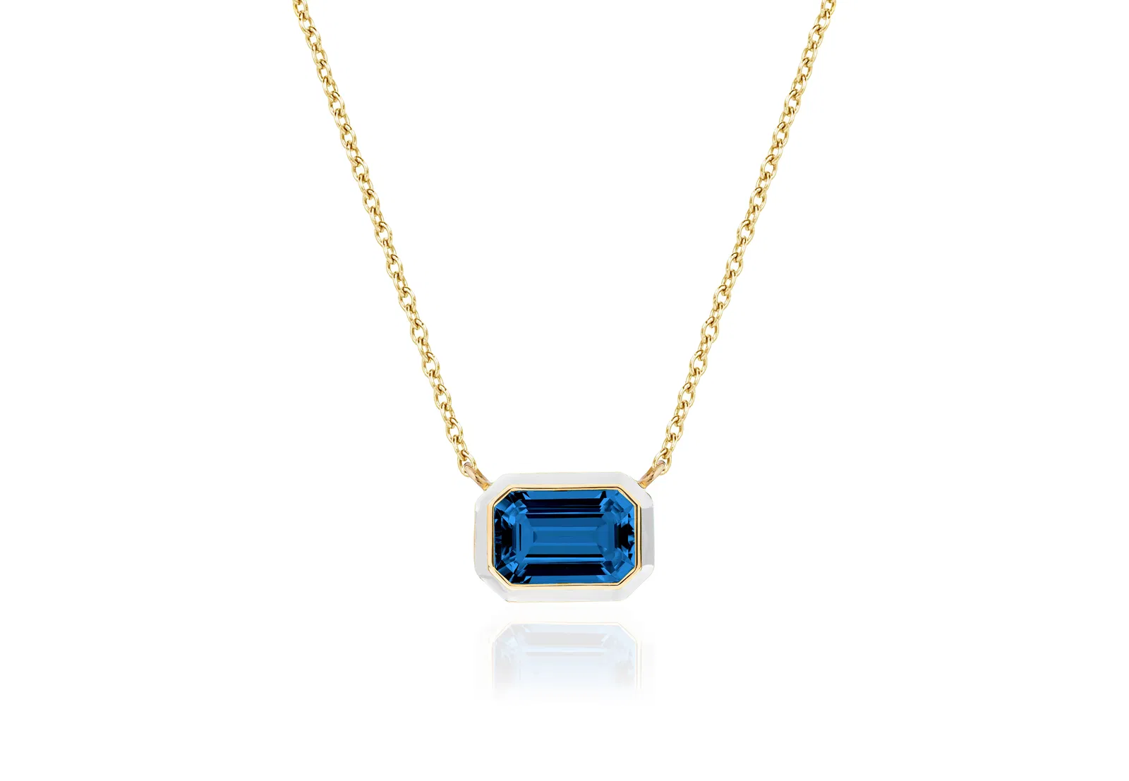 London Blue Topaz Emerald Cut East-West Pendant with White Enamel