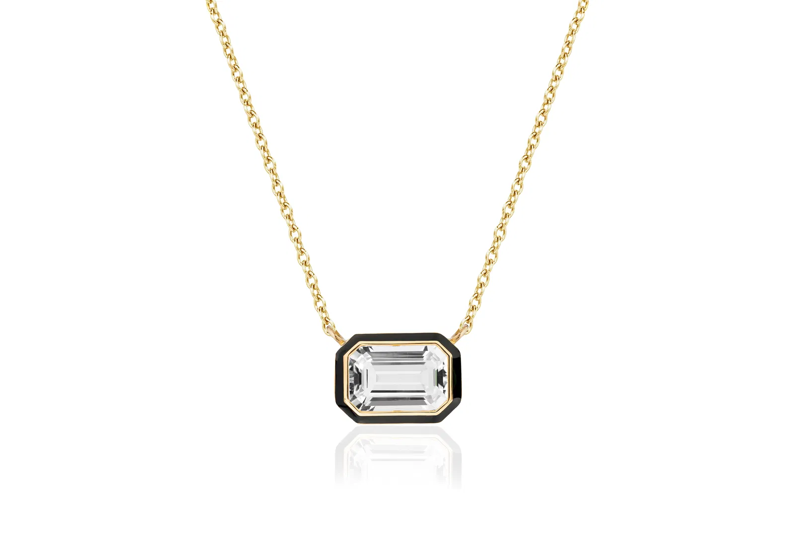 Rock Crystal Emerald Cut East-West Pendant with Black Enamel