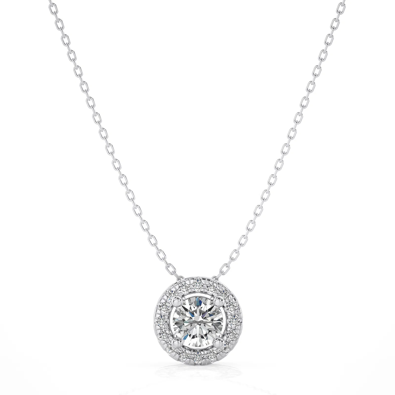 Lab Grown 0.5 Ct Round Diamond Pendant Necklace 14K Gold Halo Style