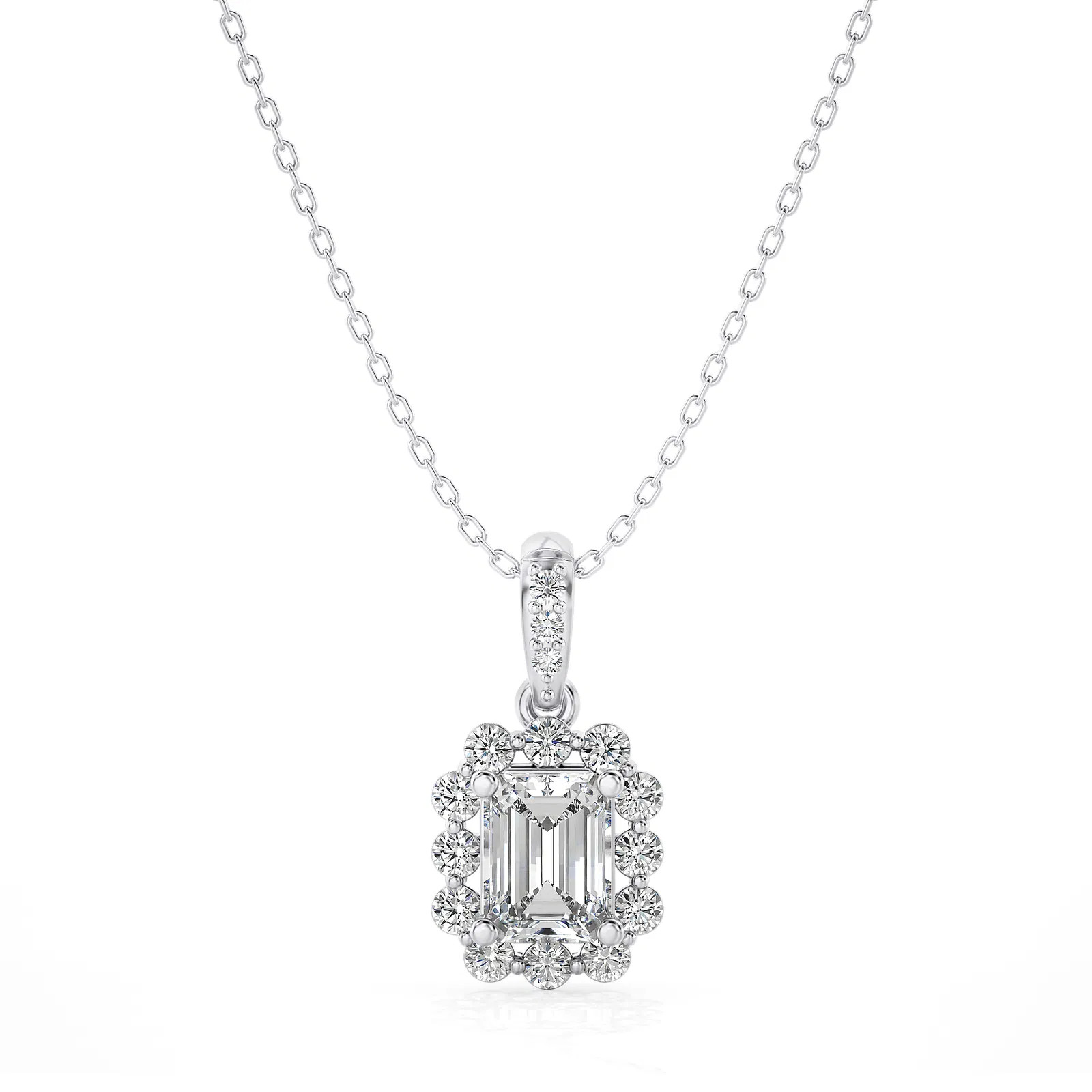 Lab Grown 1.0Ct Diamond Pendant Necklace 14K Gold With Emerald Halo