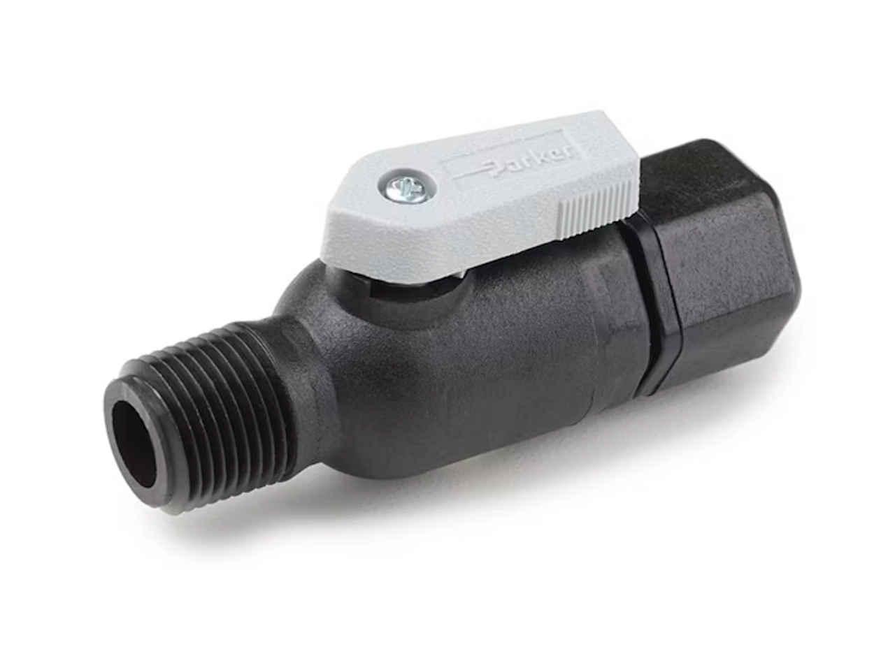 3/8" Tube OD x 1/4" Male NPTF Black Polypropylene Male Connector Ball Valve