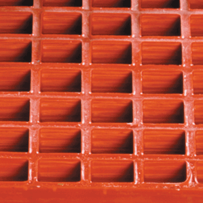 Molded FRP Grading, (VFR) Vinyl Ester Fire Retardant, 4' x 8' Panel, 1-1/2" x 1-1/2" Mesh Pattern, 1-1/2" Panel Thickness, Orange, Meniscous Top