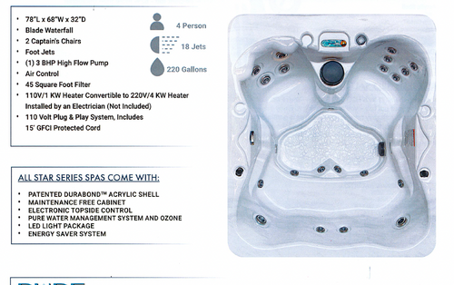 QCA Star Series "Leo" 120V Plug and Play 4 Person Spa 78"L x 68"W x 32"D 15' CFGI Protected Cord - 220 Gallons with 18 Jets