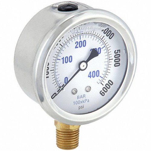 Industrial Pressure Gauge: 0 to 6,000 psi, 2 1/2 in Dial, Liquid-Filled, 1/4 in NPT Male