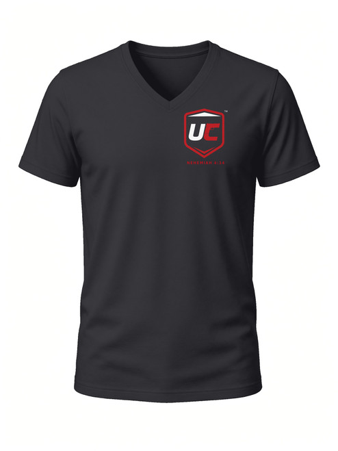 Uncommon Concealed V-Neck Tee in Black Frost with UC shield and Nehemiah 4:14