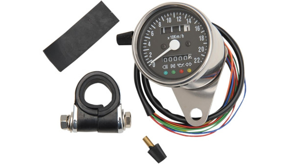 Drag Specialties 2.4" KPH Mini Mechanical Speedometer with LED Indicators: Harley-Davidson Models - Universal Fit - Black