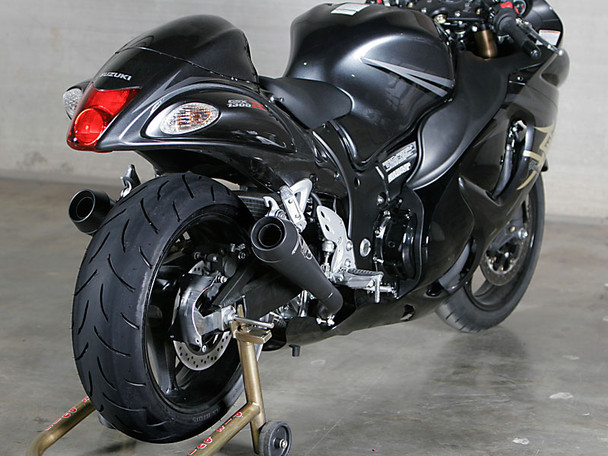 M4 08-20 Suzuki Hayabusa Retro Drag Dual Slip-On Exhaust - Black Canisters