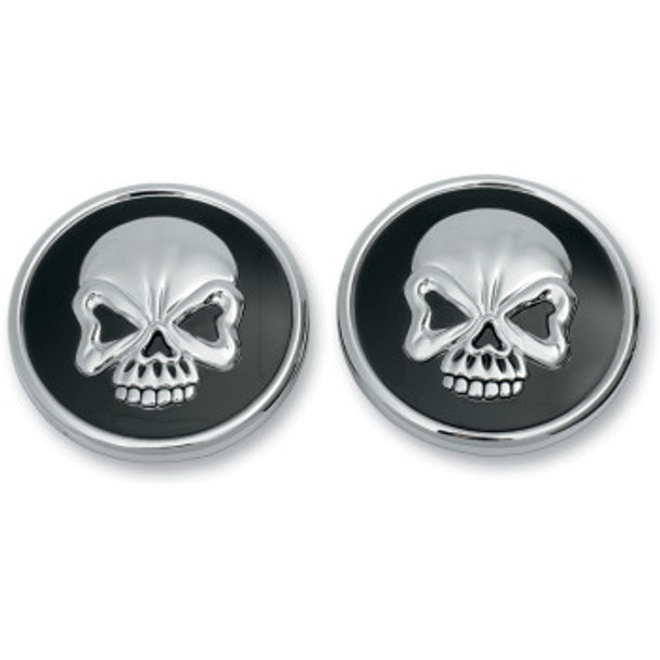 Drag Specialties Skull Gas Caps: 1984-1996 Harley-Davdison XL/FL Models - Chrome/Black - Pair