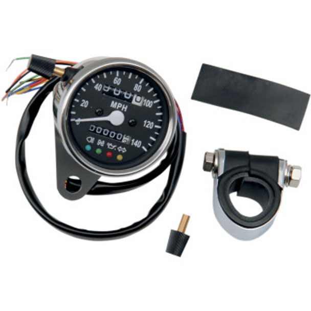 Drag Specialties Mini Mechanical Speedometer w/ LED Indicators: Harley-Davidson Models - Chrome/Black - 2.4"