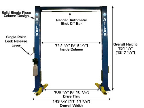 Atlas OH-10X 2 Post Overhead Lift dimensions