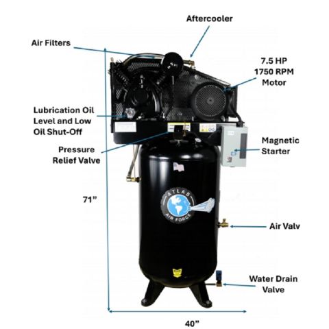 Atlas Automotive Equipment 7.5HP 80 Gallon Commercial Air Compressor w/ Plus Package