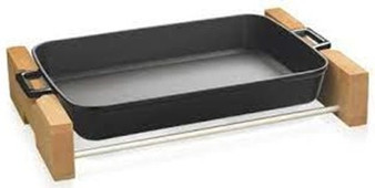 30 x 22 cm Black Cast Iron Rectangle Baking Tray with Beechwood Service Stand - Lava