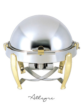 Seville Large Round Roll Top Chafing Dish, Stainless Steel Body, & Brass Curved Legs