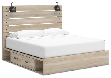 Senbry - Tan - King Panel Bed With 2 Under Bed Storage Units