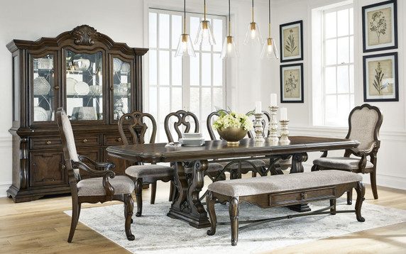 Maylee - Dark Brown - 11 Pc. - Dining Extension Table, 4 Side Chairs, 2 Arm Chairs, Storage Bench, Buffet And Hutch Maylee - Dark Brown - 11 Pc. - Dining Extension Table, 4 Side Chairs, 2 Arm Chairs, Storage Bench, Buffet And Hutch